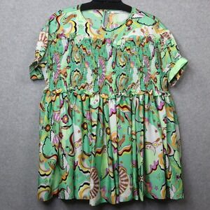 Bohemian Traders Mini Dress Shirred Stretch Yoke Psychedelic Green Boho Whimsy